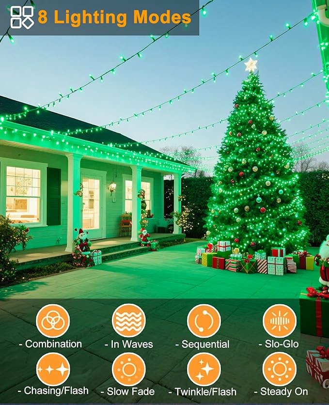 40FT 120 LED Christmas Lights Outdoor, Green Christmas String Lights with 8 Modes & Waterproof, Connectable Plug in Christmas Tree Lights for Indoor Garden Yard Party Holiday Decorations