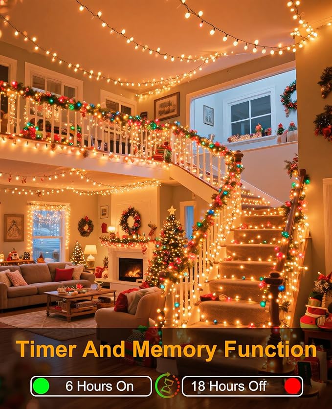 40FT 120 LED Christmas Lights Outdoor, Warm White Christmas String Lights with 8 Modes & Waterproof, Connectable Plug in Christmas Tree Lights for Indoor Bedroom Yard Holiday Decorations