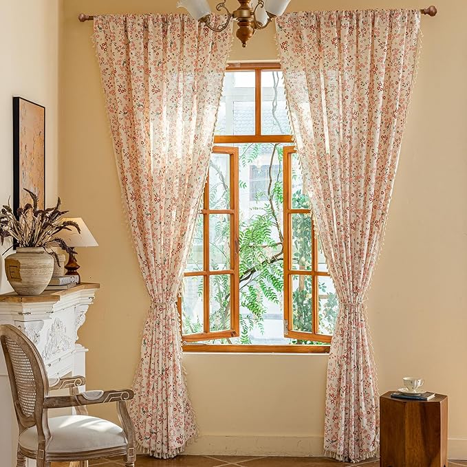 OYX Pink Boho Farmhouse Floral Curtains 84 Inch Long 2 Panels For Living Room, Flower Girl Bedroom Light Filtering Drapes, Vintage Country French Patterned Rod Pocket Aesthetic Decor Window Treatments