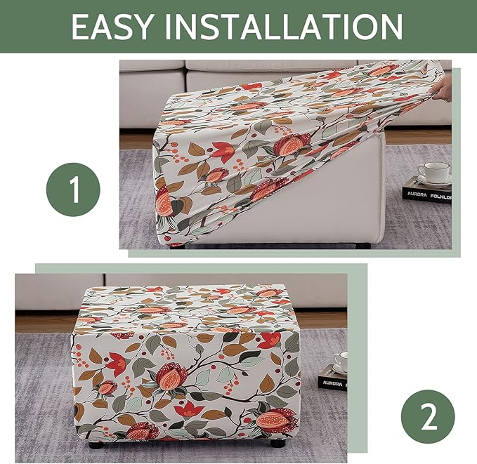 HAOYONG Ottoman Cover Square, Stretch Ottoman Slipcover Printed, SoftFoot Stool Cover Protector with Nonslip Elastic Bottom Removable Washable