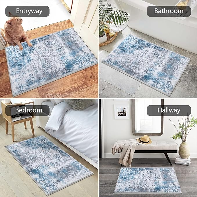 HEBE Washable Area Rug - 2'x3' Non Slip Soft Distressed Medallion Bedroom Boho Living Room Accent Throw Vintage Entry Floor Carpet for Dining Room Bathroom Entryway