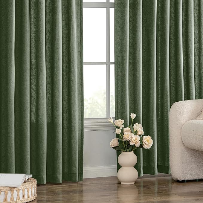MIULEE Non-See-Through Privacy Linen Curtains 2 Panels, Olive Green Light Filtering Window Curtains Farmhouse Textured Back Tab Semi Sheer Drapes for Bedroom Living Room 96 Inches Long Dark Green