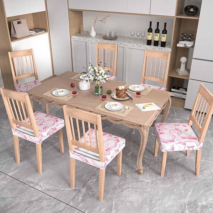 Stretch Dining Chair Seat Covers Set of 6,Dining Chair Slipcovers, Floral Printed Chair Covers,Soft Fabric Washable Upholstered Chair Seat Protector, No Rear Covers for Home Kitchen Dining Room
