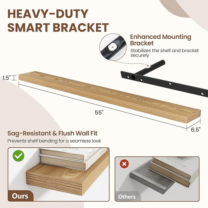 55 Inch Floating Shelves for Wall 2 Pack, 55" Wall Shelves for Books, Storage, Decor, Wall Mounted Floating Shelf with Invisible Brackets for Kitchen, Living Room, Light Brown