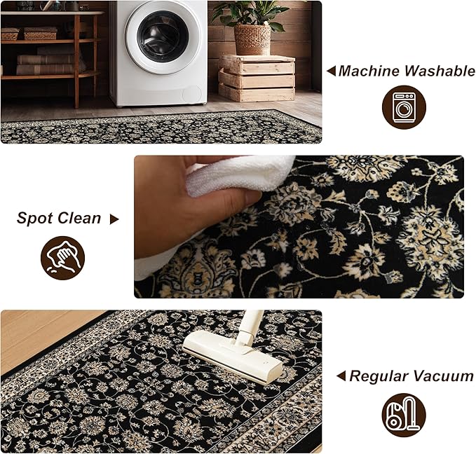 XWZO Entryway Area Rug 2x3ft — Soft Low Pile Door Floor Mat with Non-Slip Backing for Bedroom Bathroom Kitchen Laundry, Spill Resistant Washable Small Indoor Carpet for Doorway & Entrance, Black