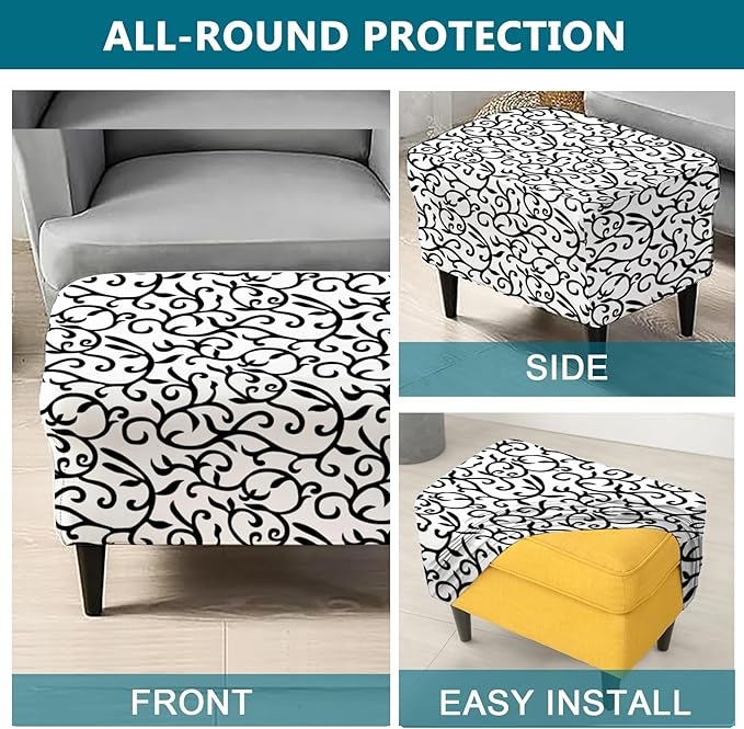 KRFOONN Stretch Ottoman Cover Slipcovers Rectangle Fit Length 27"-35" Footrest Stool Covers Printed Ottoman Cover for Foot Stool Furniture Protector with Non Slip Elastic Bottom, Color 09