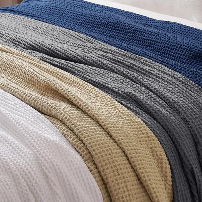 PHF 100% Cotton Waffle Weave Blanket King Size for Bed,Snag Proof Lightweight Breathable Throw for Couch,Great for Layering in Cold Weather,Machine Washable,Home Decor Gift-Navy Blue/Bright Blue