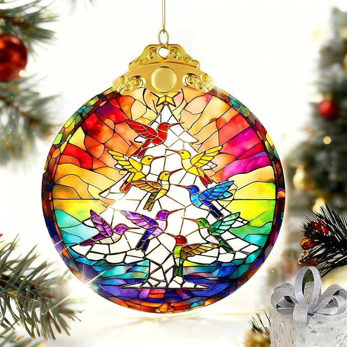 Hummingbird Stained Glass Christmas Ornaments 2025,Hanging Ornaments for Christmas Tree,2.8 * 2.8 * 0.2inch Tree Decor