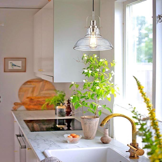 Modern Glass Pendant Light，Farmhouse Industrial Light Fixture with Adjustable Cord, Seeded Glass Shade, Hanging Lights for Kitchen Island,Hallway, Dinning Room