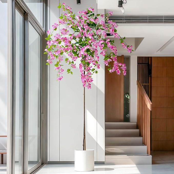 7.2FT Artificial Bougainvillea Tree Artificial Tree Tall Potted Fake Bougainvillea Trees for Outdoor Indoor Lifelike Potted Faux Plants with Wood Trunk and Flowers Office Wedding Home Decor