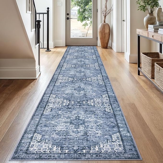 2.6x16 Washable Rug for Entrance, Blue Soft Printed Area Rug, Non-Slip Kitchen Rugs, Low-Pile Medallion Indoor Door Mat, Small Farmhouse Carpet for Entryway Kitchen Foyer Bedside