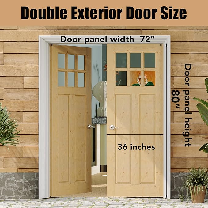 Exterior Doors, 72" x 80", 6-Panel Clear Glass Front Door, Solid Wood & MDF Entry Doors, Waterproof Primed, Easy DIY Install-Pine