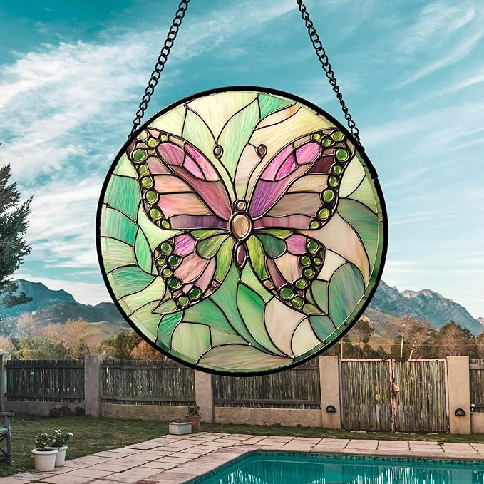 Stained Glass Window Hanging 4 Pcs Set Pink Green Insect Theme 7.8" - Butterfly Suncatcher Door Garden Sun Catcher Decor Birthday Christmas for Mom Woman Nana Men