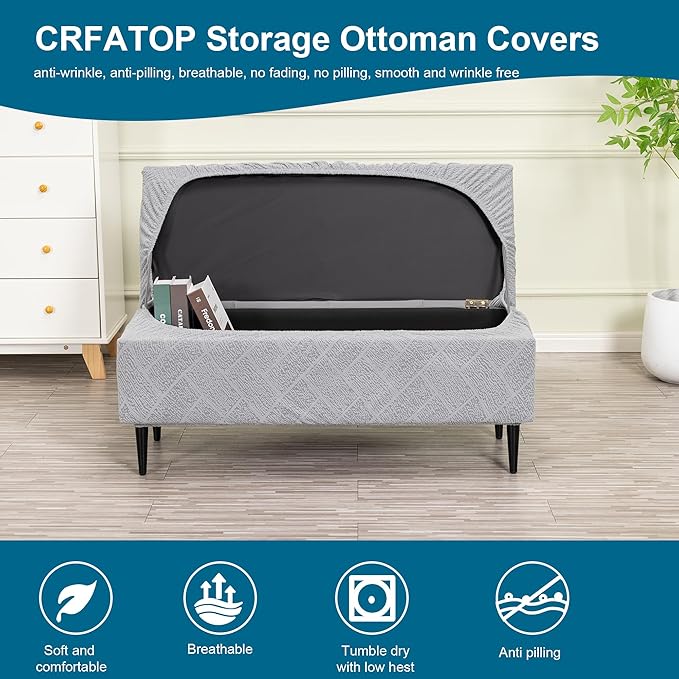 CRFATOP Jacquard Ottoman Stool Cover Stretch Folding Storage Footstool Bench Slipcovers Upholstered Foot Chest Chair Covers Washable Entryway Furniture Protector with Elastic Bands,M,Light Grey