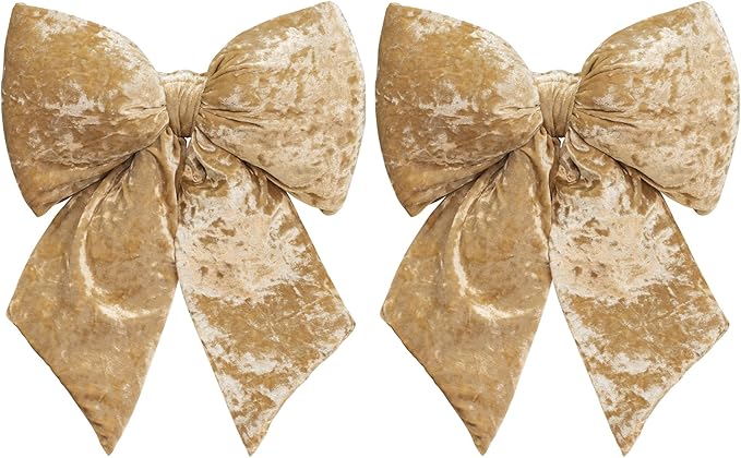 KI Store Champagne Large Plush Velvet Bows Set of 2 12-Inch Christmas Bow Tree Topper for Christmas Tree Decoration Door Window Decor