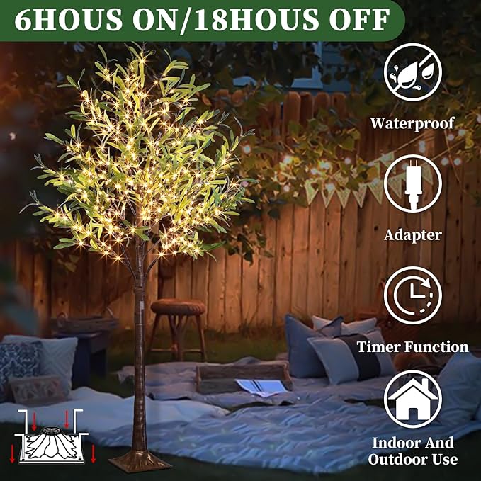 Artificial Lighted Olive Tree, Vanthylit 6ft Faux Plant Tree with 300 LED Fairy Lights, Prelit Fake Eucalyptus Greenery Tree Light with Leaves and Fruits Indoor Outdoor Home Bedroom Christmas Decor