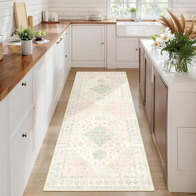 MUJOO Washable Runner Rug,2x6 Runners for Kitchen Bathroom Hallway Bedroom Entryway Laundry,Non Slip Long Mat Indoor,Boho Throw Carpet Low Pile Light Pink and Green