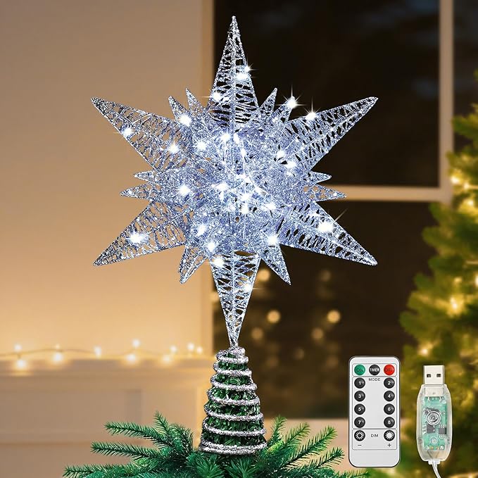 Lewondr Christmas Star Tree Topper, USB Powered Remote Controlled 11 Inch Multilayer Hexagonal Tree Toppers Christmas Decor with 8 Light Modes for Home Holiday Xmas, Timer Function, Silver