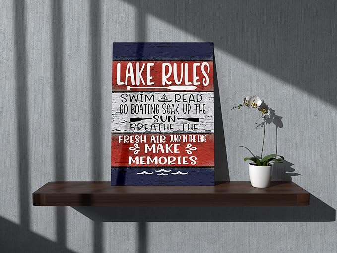 BXFAHZJ Lake Rules Wood Grain Wall Art Canvas Farmhouse Lake Theme 11x14 Inch Prints Decor For Lake House Home Bedroom Gifts For Lake Lover, Lake Housewarming, Lake House Porch Sign Decor