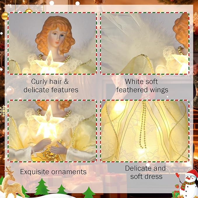 12.5" Angel Christmas Tree Topper with Lights, Lighted Angel Tree Topper with White Feather Wings and Star Light, Remote Control, Timer & USB Powered for Indoor Holiday Tree Decoration