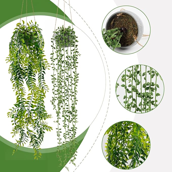 2PCS Artificial Hanging Trailing Plants Potted,Realistic Faux Small Hanging Plants for Bedroom Living Room Home Office Table Decor Indoor Outdoor