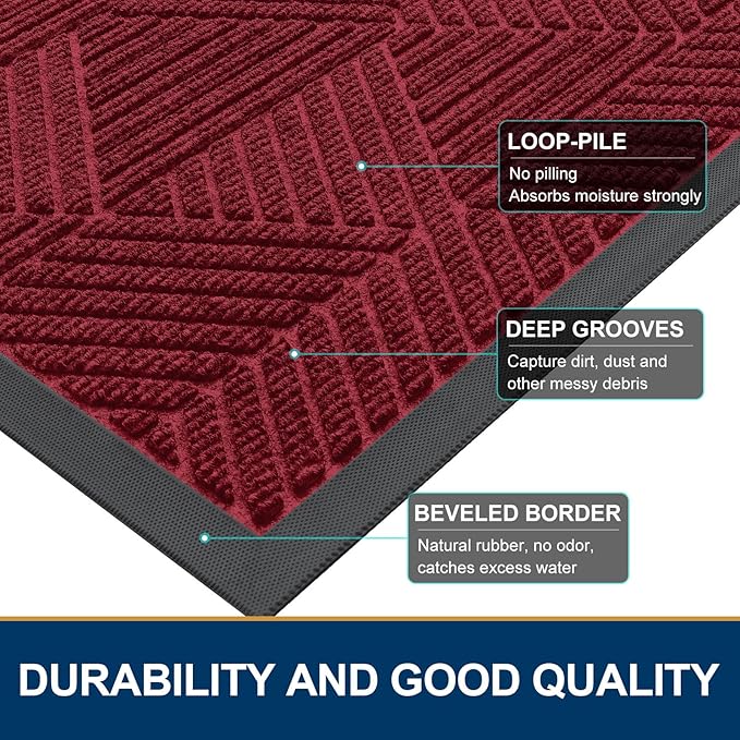 Smiry Half Circle Front Door Mat Outside Entrance, Heavy Duty Sturdy Natural Rubber Doormat, Trap Dirt and Moisture, Low Profile Mats for Indoor Outdoor Entry, Irregular Triangle (35x23, Wine Red)