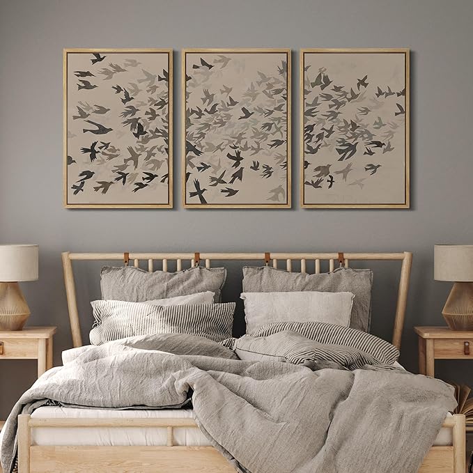 MUDECOR Framed Wall Art Print Set Minimalist Subtle Birds in Motion Illustrations Modern Art Boho Decorative Colorful Chic for Living Room, Bedroom, Office - 16"x24"x3 Natural