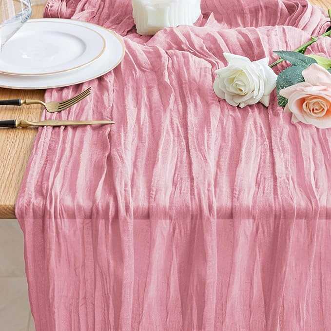 Wokceer Cheesecloth Table Runner Pink Valentine's Day 10FT Boho Gauze Cheese Cloth Table Runner for Party Long Rustic Sheer Runners for Baby Bridal Shower Wedding Easter Decor
