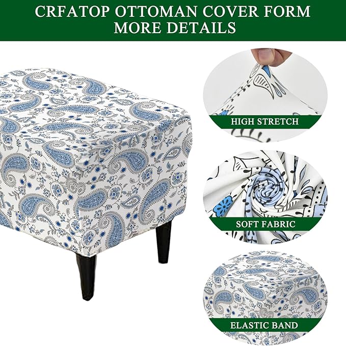 CRFATOP Ottoman Chair Cover Large Ottoman Chair Slipcovers Printed Rectangle Storage Stool Cover Stretch Footstool Footrest Furniture Protector for Bar Counter Living Room,C14