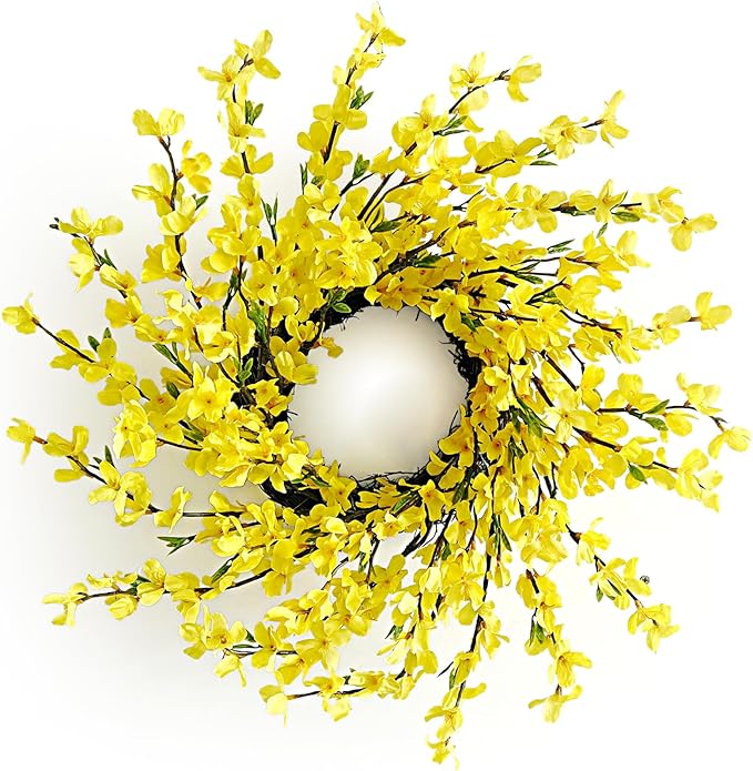 20 Inch Spring Wreath for Front Door, Yellow Forsythia Spring Wreath for Farmhouse Rustic Grapevine Blossom Cluster Festival Celebration Front Door Wall Window Party Decoration Home Décor