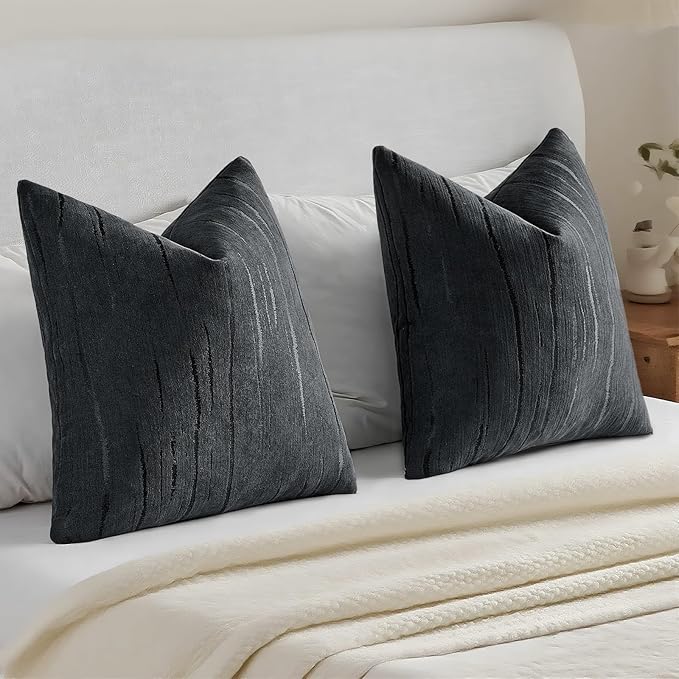 HAUSSY Black Throw Pillow Covers 26x26 Inch Set of 2, Boho Embossed Striped Textured Decorative Pillowcases Soft Chenille Cushion Cases, Modern Home Decor for Couch Bed Living Room