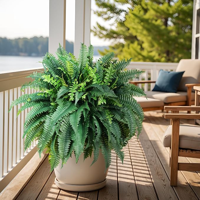 Fake Ferns Artificial Ferns for Outdoors Large Faux Ferns UV Resistance for Outdoor Large Planter Realistic Artificial Boston Fern Plants for Garden Balcony Terrace Decor 25.6In,2Pack,60Leaves