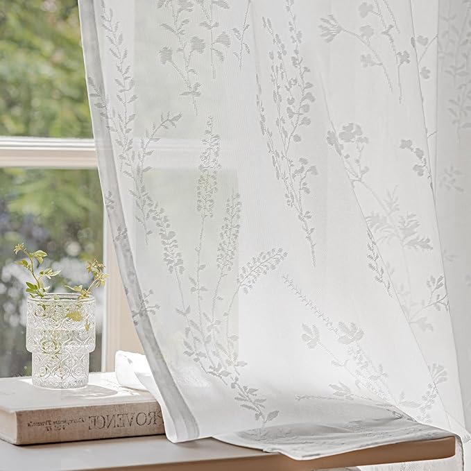 Anmao White Semi Sheer Light Filtering Curtains 90 Inches Long 2 Panels, Flower Pattern Drapes for Living Room Bedroom, Rod Pocket Sheer Window Treatments with Floral Design, 52x90 Inch