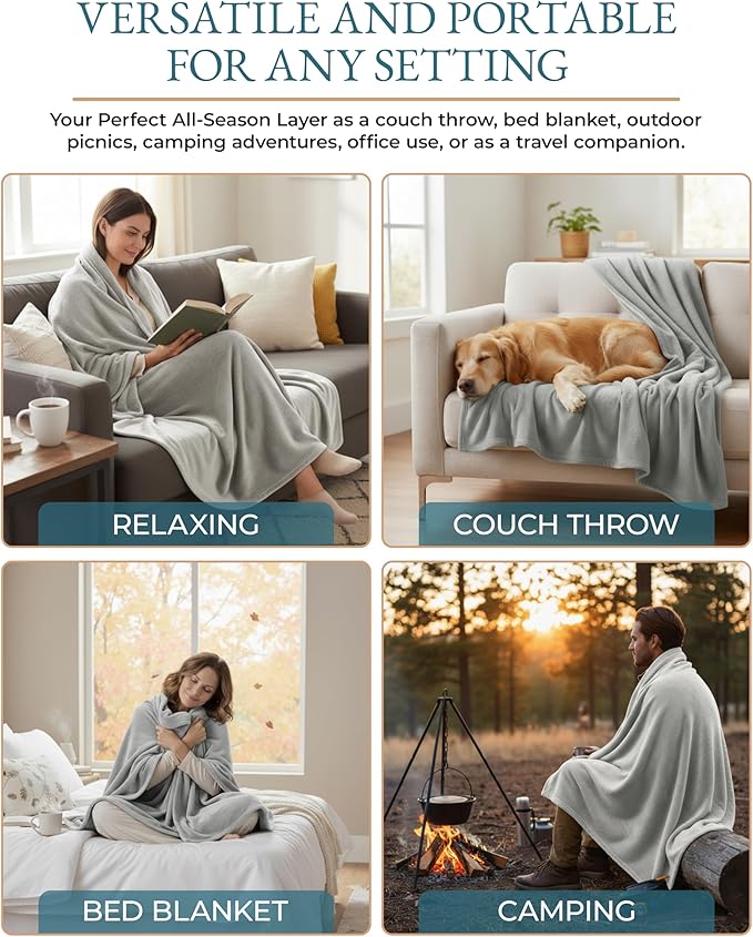 Casa Platino Flannel Blanket – Queen Size 90x90 Fleece Throw for Bed, Sofa or Travel – Lightweight and Soft All Season Blanket – Mineral