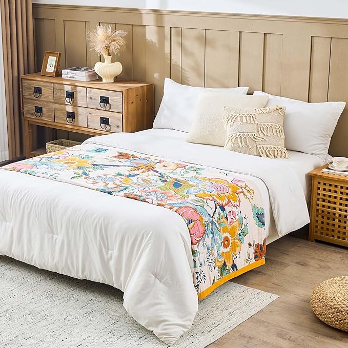 Farmhouse Throw Blanket, 60"x 80" Boho Throw Blankets for Couch Cover, 100% Cotton Bohemian Vintage Quilt for All Seasons Reversible Florals Lightweight Picnic Blankets Home Decoration