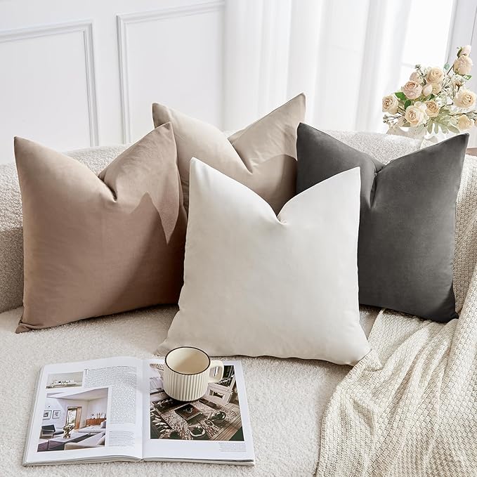 Throw Pillow Covers Set of 4 18x18 Inch Pillow Covers, Soft Velvet Neutral Beige Khaki Grey Pillowcases for Couch Sofa Bed Living Room, Home Boho Decor, Farmhouse Cushion Covers