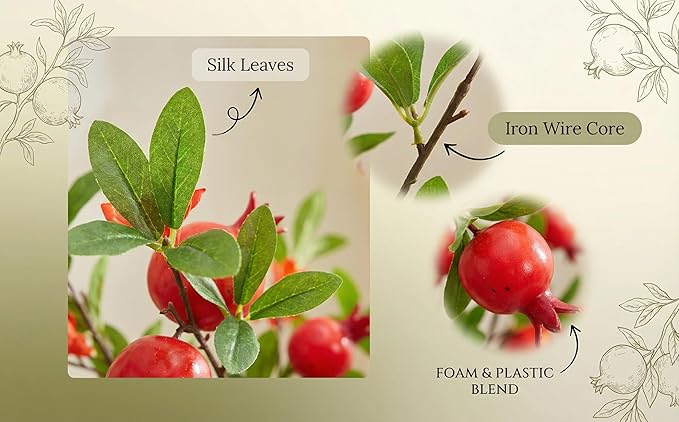 4-Piece Set of 37 Inch Artificial Pomegranate Berry Stems - Realistic Fake Red Rosehip Branches, Silk Autumn Wedding Center Decorations, Farmhouse Kitchen Home Parties
