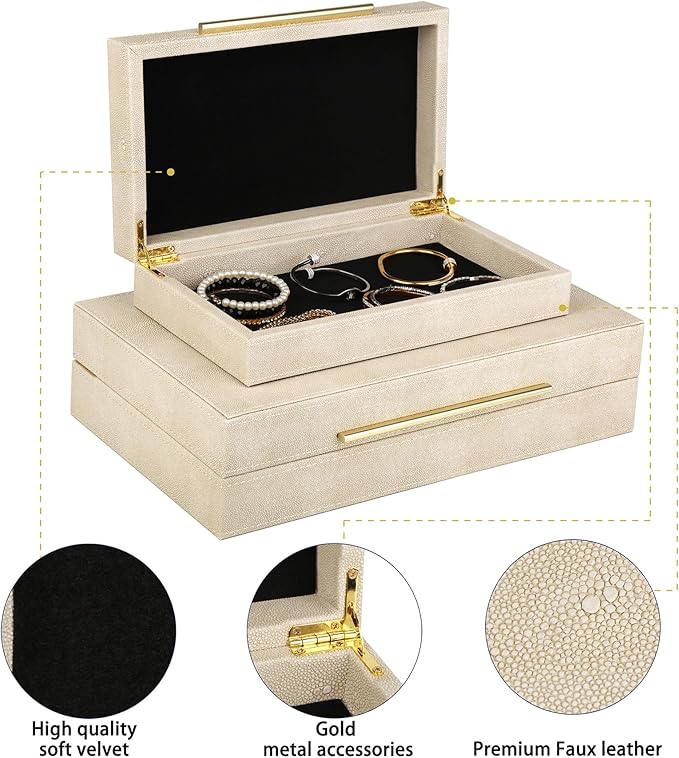 HofferRuffer Faux Leather Decorative Boxes Set of 2, Large Nesting Keepsake Box Accessory Organizer Jewelry Organizer with Hinged Lid, Stacking Storage Box Container for Home or Office (Light Grey)