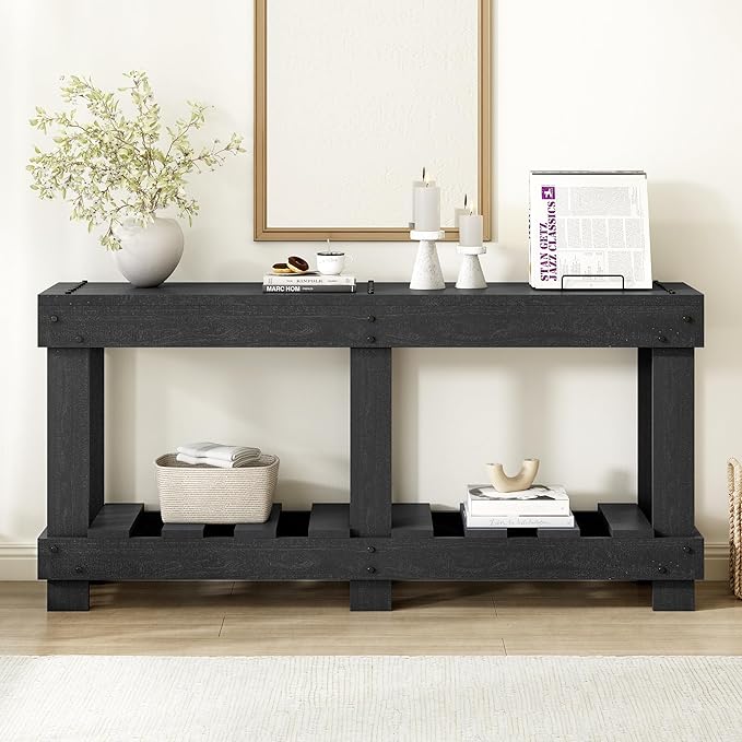 Vintage Entryway Console Table with 6 Legs & Thick Desktop, Solid Cedar Wood Long Accent Table Sofa Table with Metal Rivet Decor& Plank Under-Shelf for Hallway, Living Room (Black-6.3)