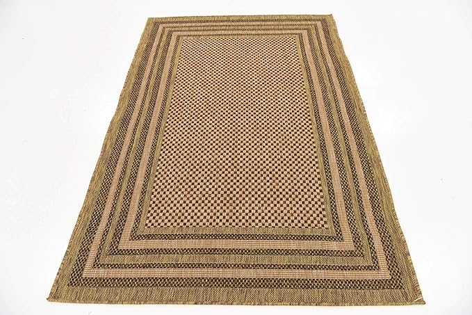 Unique Loom Outdoor Border Collection Area Rug - Multi Border (4' 1" x 6' 1" Rectangle, Light Brown/ Brown)