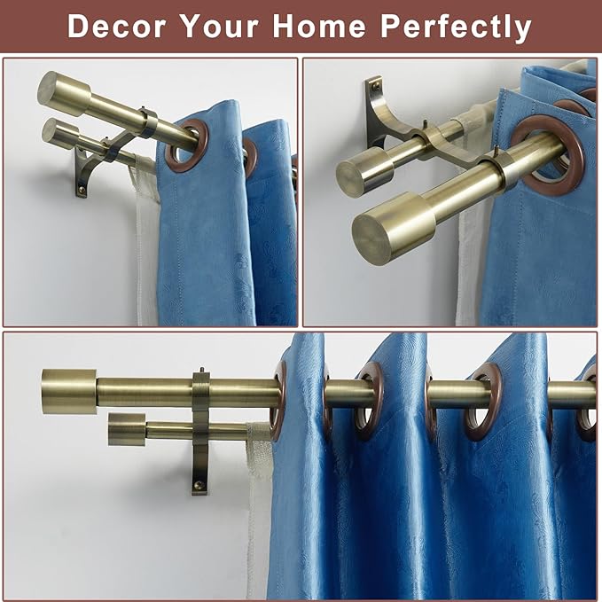 Double Curtain Rods 28-48", Decorative Double Drapery Rods with Cap Finials, Heavy Duty 1 Inch Front and 5/8 Inch Back Telescoping Dual Curtain Rod, Antique Bronze