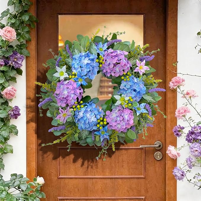 24 Inch Spring Wreath for Front Door - Blue & Purple Hydrangea Spring Door Wreath, Monet-Inspired Floral Decor with Hydrangea and Clematis for French Country, Spring and Summer, Indoor Outdoor