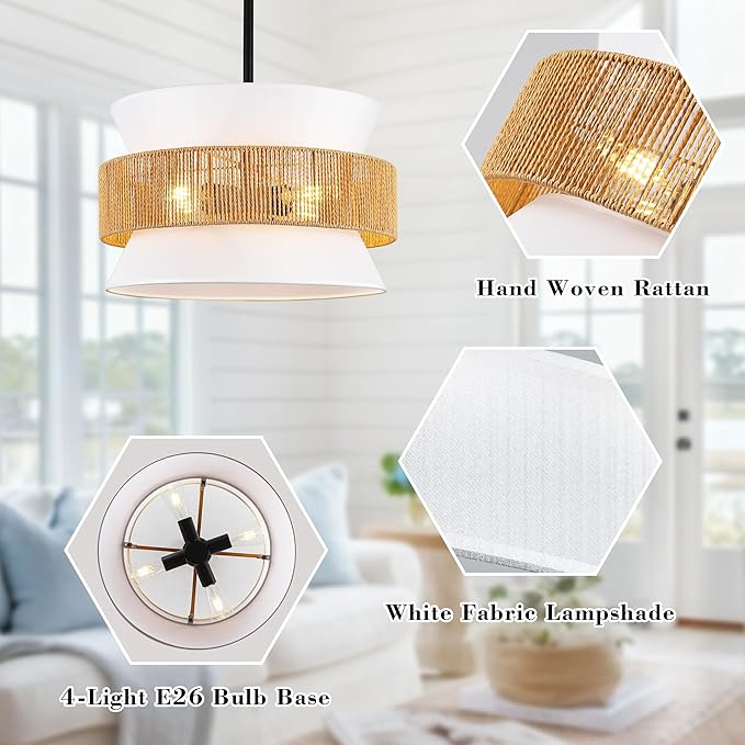 4 Lights Rattan Drum Chandelier - 20" Adjustable Boho Pendant Light with White Fabric Shade, Modern Wicker Chandeliers for Dining Room, Living Room, Kitchen, Bedroom