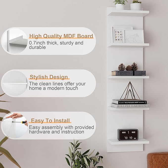 Fun Memories 5-Tier Wall Shelf Unit, 48" Tall Floating Storage Organizer for Bedroom, Living Room, and Home Decor, White Vertical Shelving Unit
