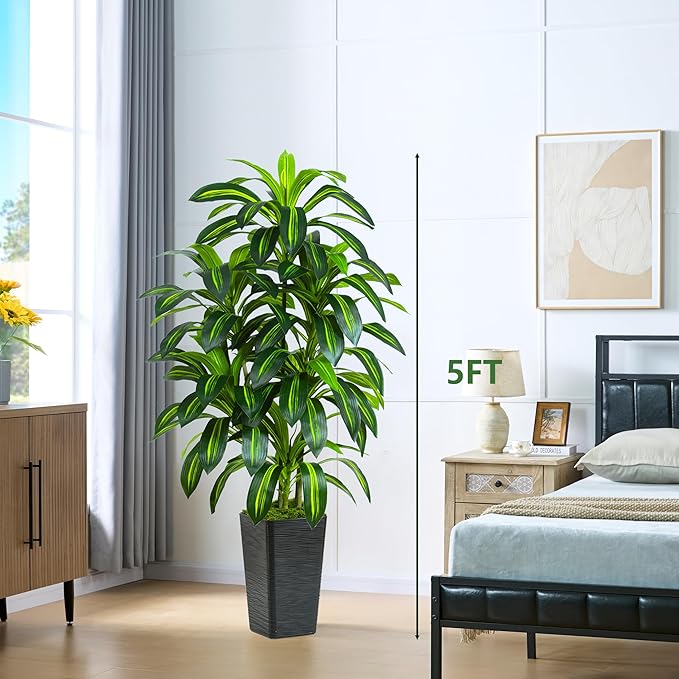 Artificial Dracaena Plant 5FT Tall - Fake Tree with Black Planter - Faux Yucca Tall Fake Floor Plant in Pot - Artificial Trees for Home Bedroom Office Indoor Living Room Decoration