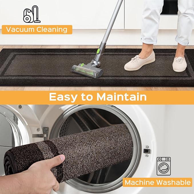 Kitchen Rugs Set (24" x 36"+24" x 60"), Non-Slip Machine Washable Kitchen Runner Rugs Floor Mats, Absorbent Comfort Standing Mat for Kitchen, Sink and Hallway, Rolled Packaging, Grayish Brown & Coffee