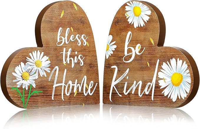 Jetec 2 Pcs Rustic Table Decorations for Living Room Home Decor Farmhouse Valentines Day Centerpiece Small Love Wooden Heart Decor for Dining Room Shelf Valentines Gift Decoration(Daisy Style)