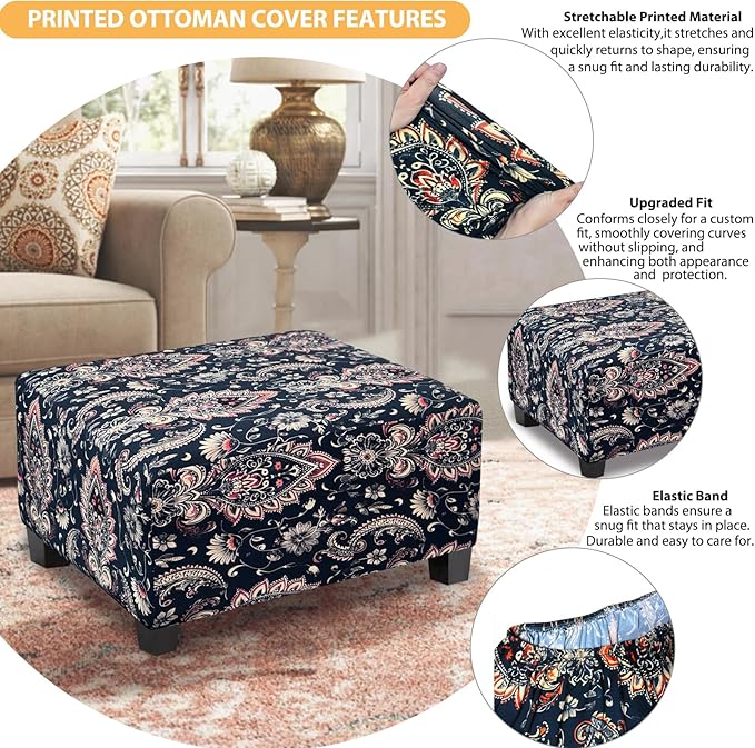 Ottoman Cover Rectangle Printed,Stretch Slipcover for Rectangular Footstool,Soft Fabric with Non-Slip Elastic Bottom,Decorative Furniture Protector for Living Room,Large,Flower G