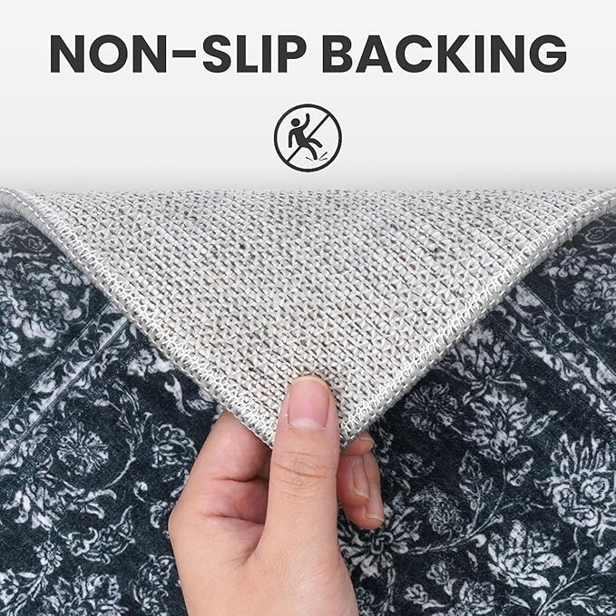 2x3 Washable Area Rug for Entryway, Black Non-Slip Soft Indoor Door Mat Distressed Floral Low-Pile Kitchen Rugs, Neutral Vintage Carpet for Entrance Farmhouse