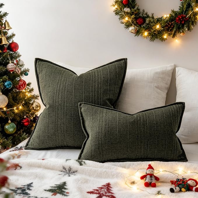 a moment Christmas Linen Pillow Covers Set of 2,Boho Farmhouse Throw Pillowcases Neutral Textured Decorative Covers for Couch Sofa,Soft Linen Blend Accent Case Cushion Home Decor 20"x20"Dark Green
